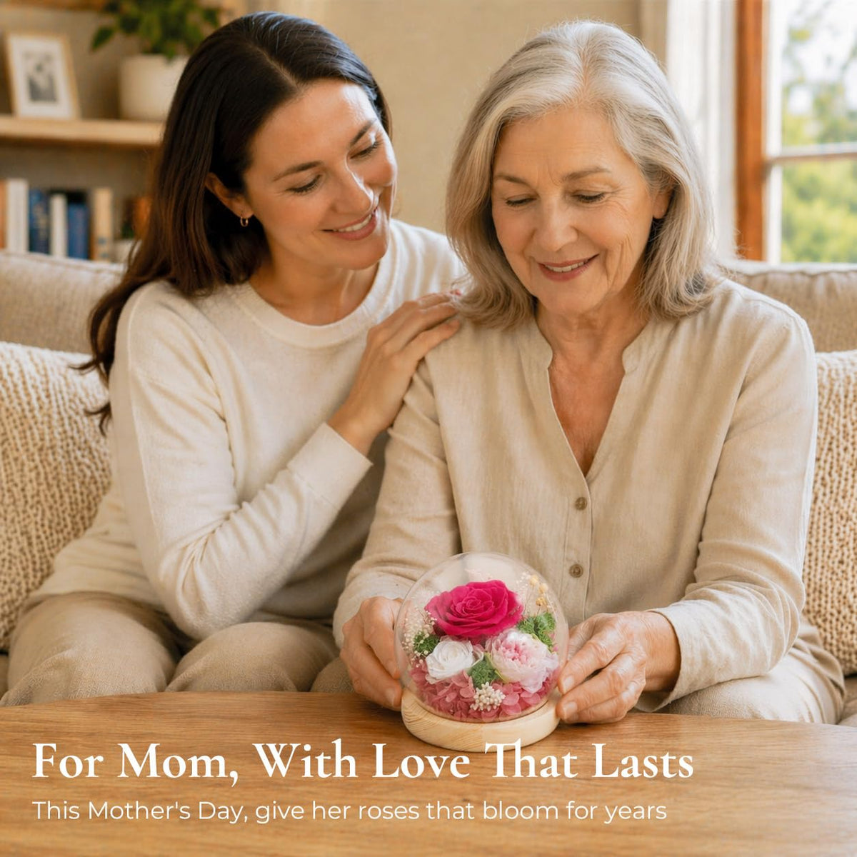 FIACO eternal rose shown with soft LED lights creates a warm, ambient room glow.