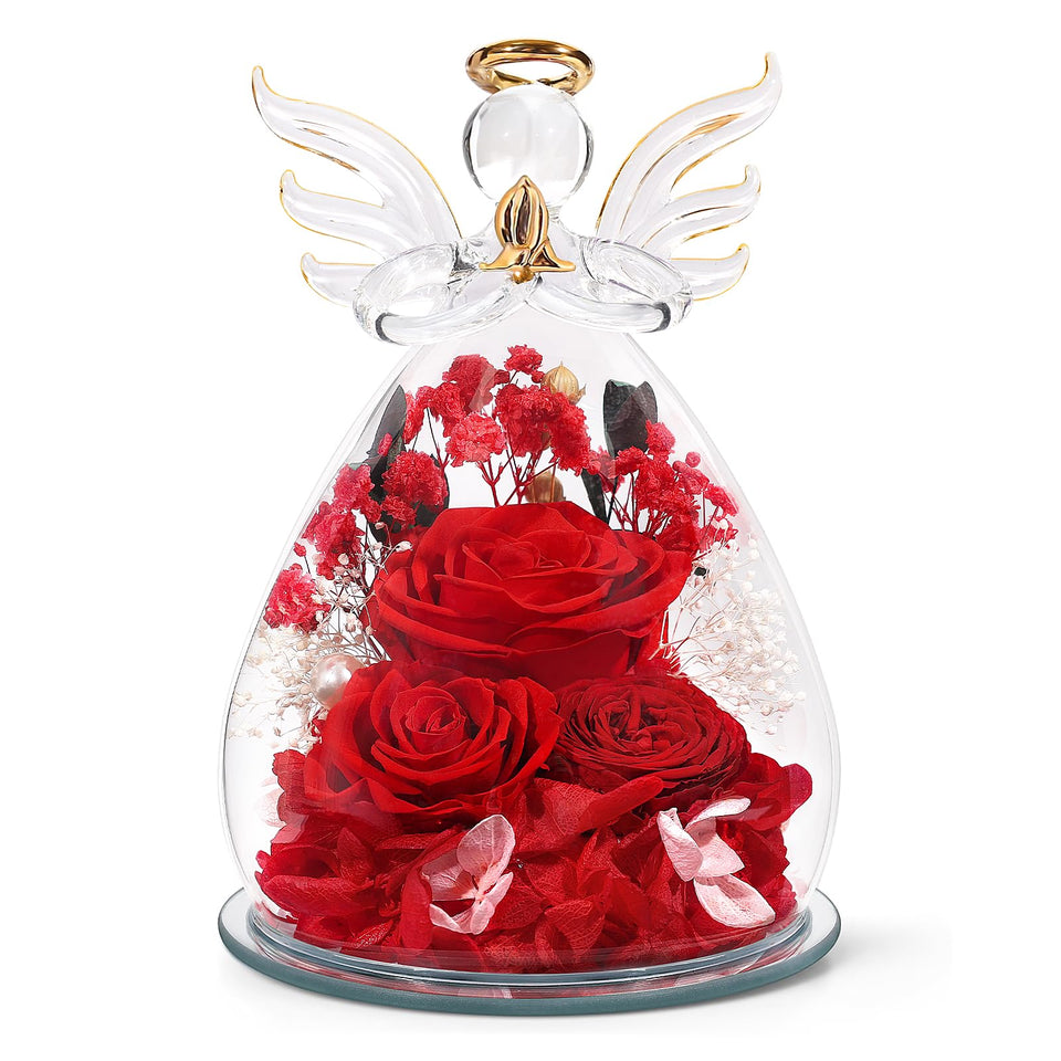 FIACO Forever Rose in glass angel dome showing enduring beauty for special moments.
