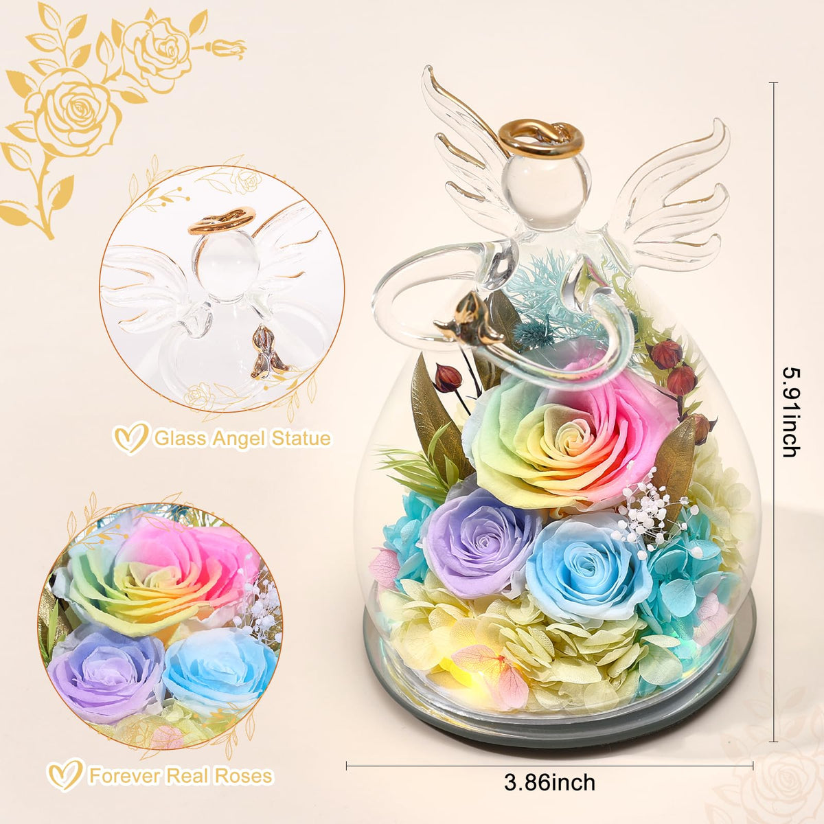 FIACO glass angel figurine with LED lights illuminating three preserved roses