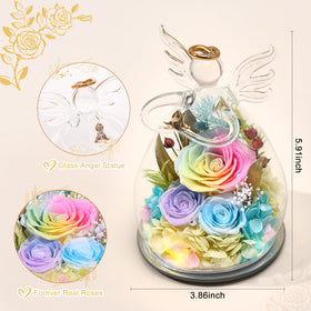 FIACO glass angel figurine with LED lights illuminating three preserved roses