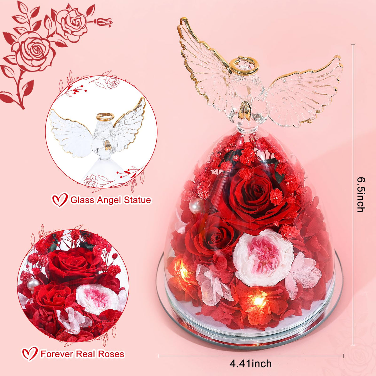FIACO glass angel figurine with roses, elegant keepsake for gifting