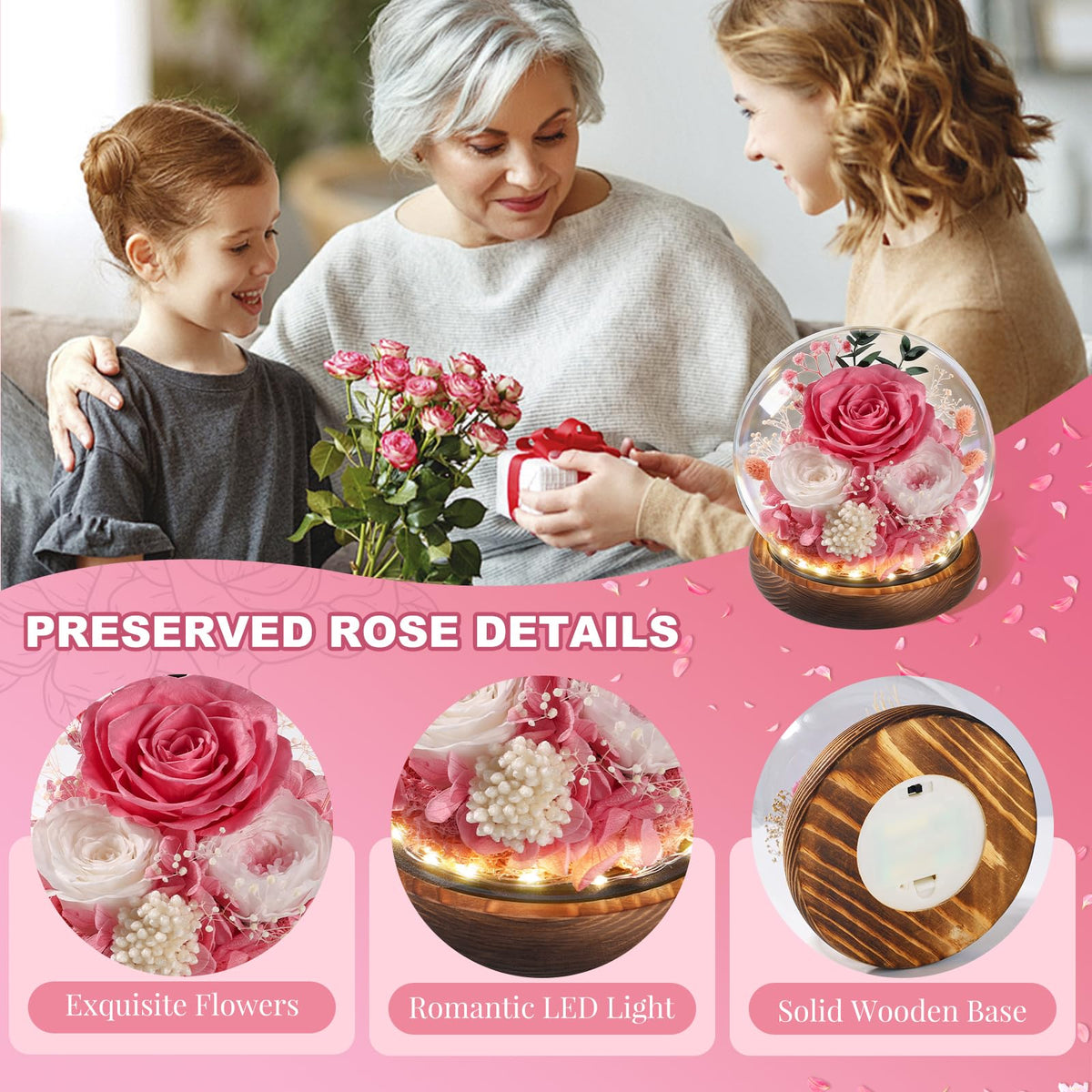 Glass dome with wooden base holding the FIACO preserved rose.