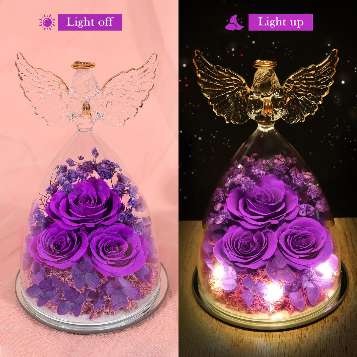 FIACO angel rose with gold wings and LED lights enhances any room