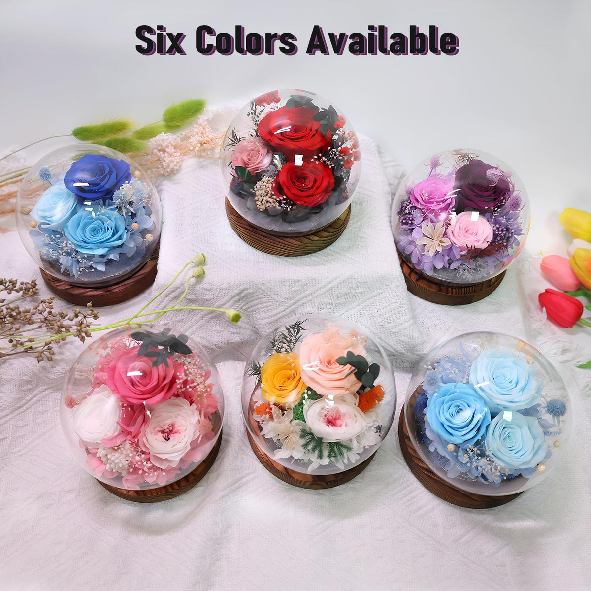 FIACO home decor centerpiece featuring eternal rose under glass dome.