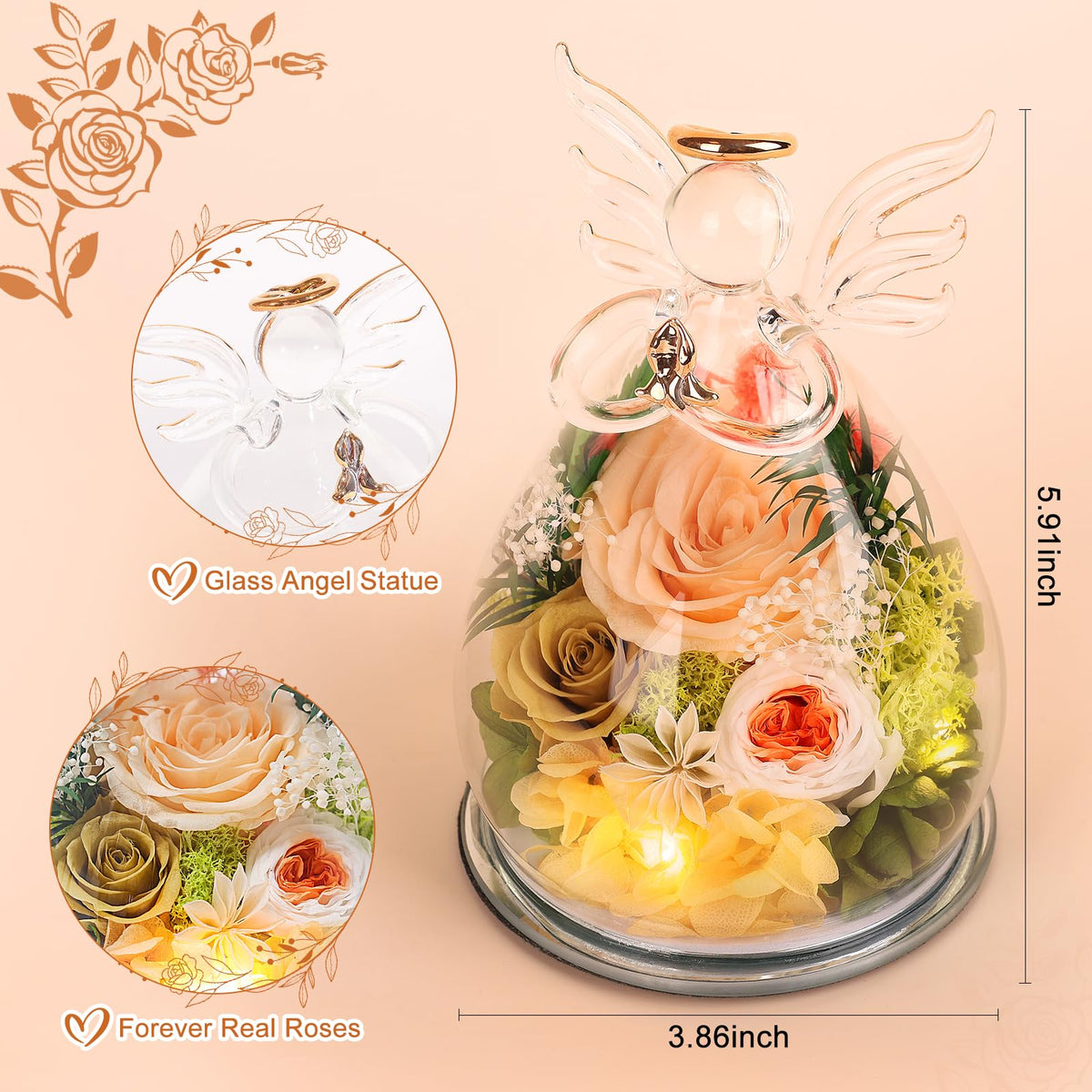 FIACO LED-lit glass angel with preserved roses creates romantic ambience at dinners.