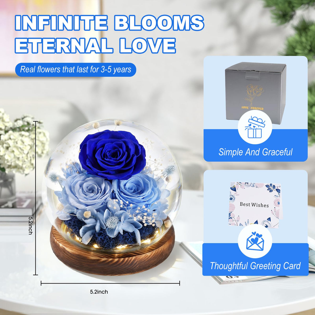 FIACO Mothers Day rose in glass dome enhances any space.