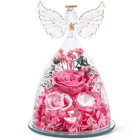 FIACO preserved rose under glass dome with angel figurine and gentle glow