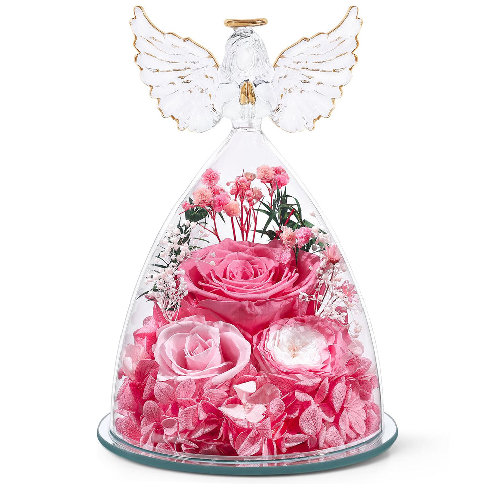 FIACO preserved rose under glass dome with angel figurine and gentle glow