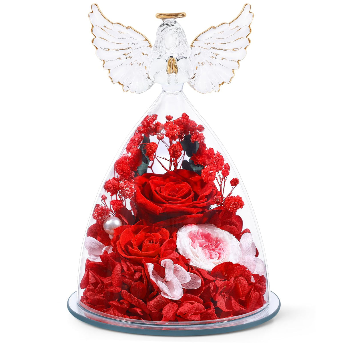 FIACO preserved rose under glass dome with angel, timeless home decor