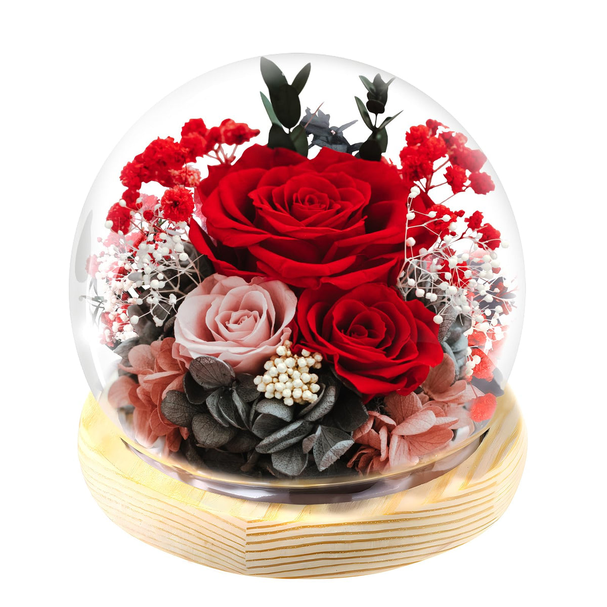 FIACO preserved rose in a red glass dome for lasting romance and décor.