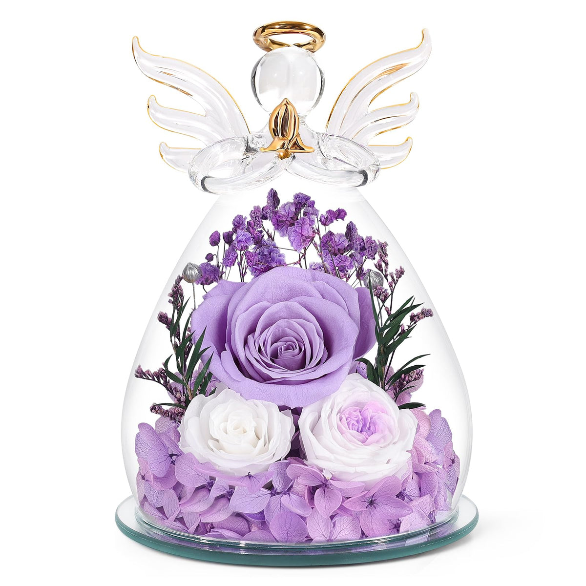 FIACO preserved rose in glass angel figurine shows everlasting beauty and protection.