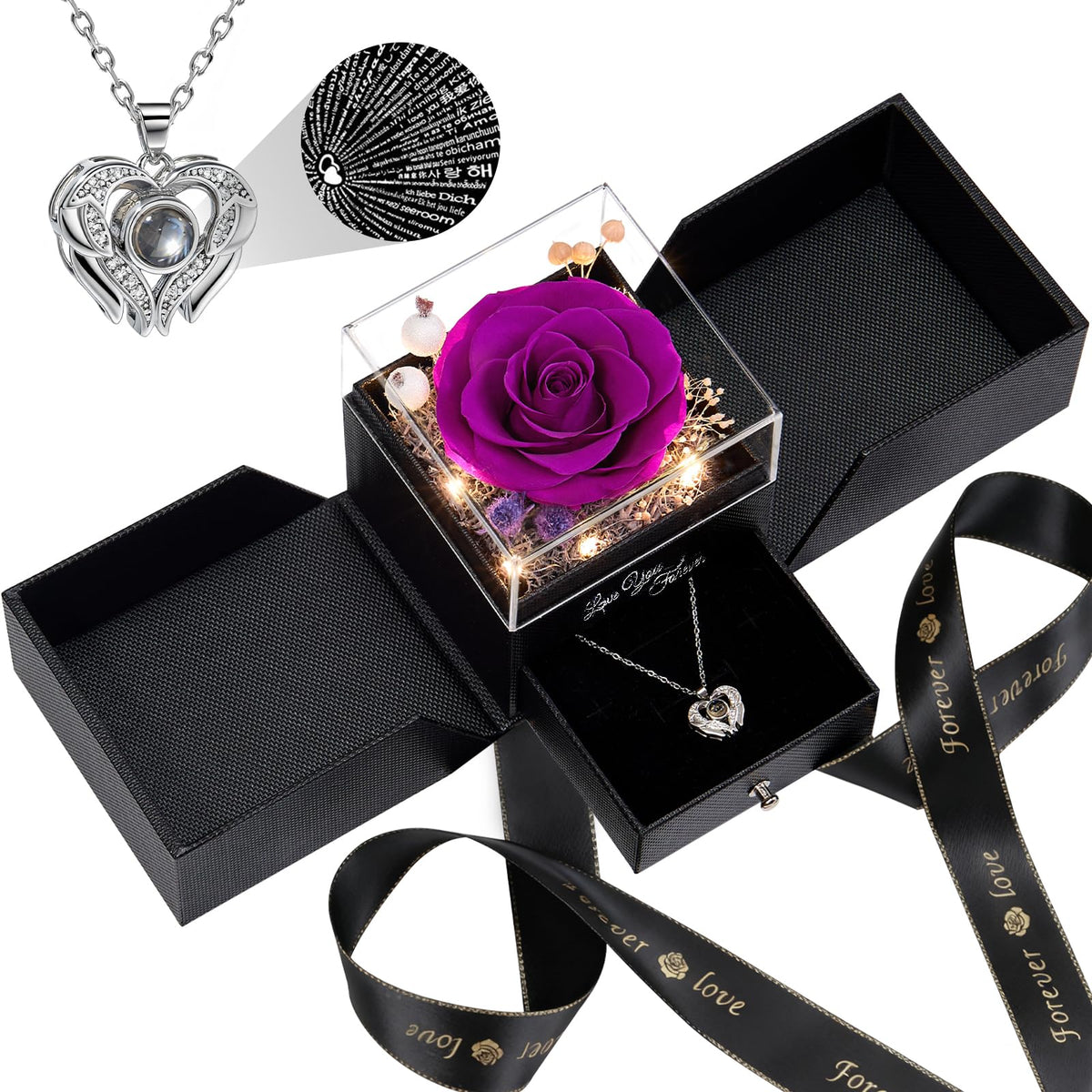 FIACO preserved rose necklace in a box, ready for gifting.