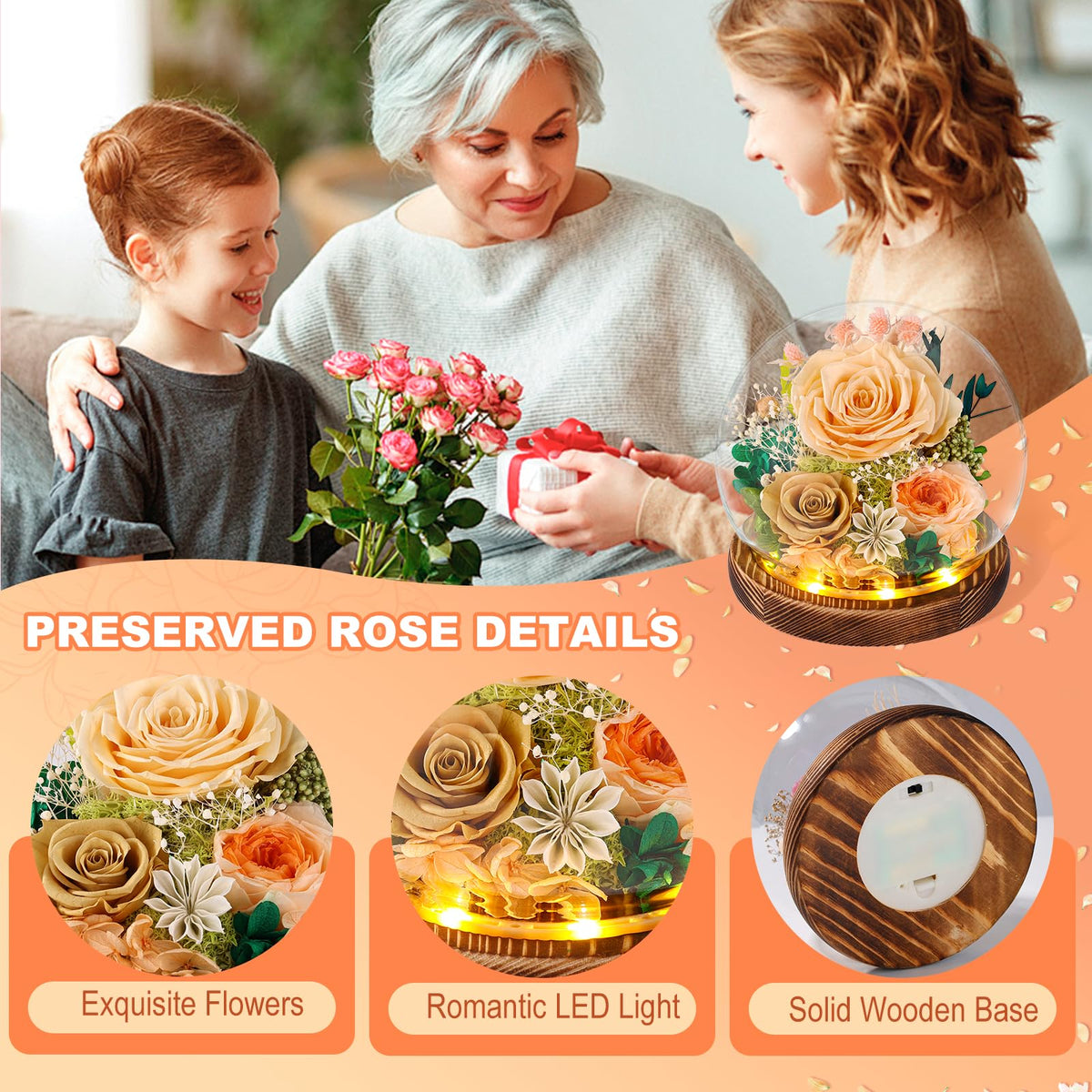 FIACO rose with wood base under glass dome as rustic centerpiece
