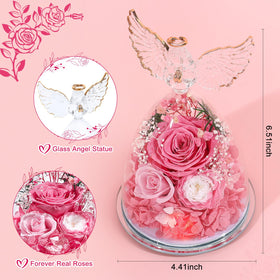 Three preserved roses in a glass dome gift box with natural materials