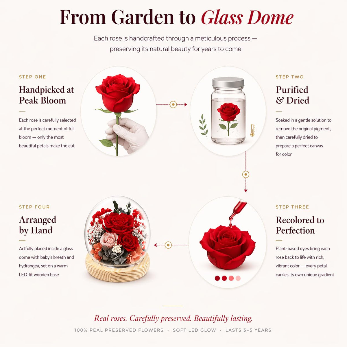 FIACO three-roses-and-baby-breath dome showcases a lush keepsake bouquet.
