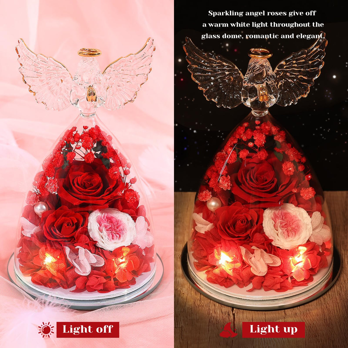 FIACO warm LED lights enhance the preserved roses with a cozy glow