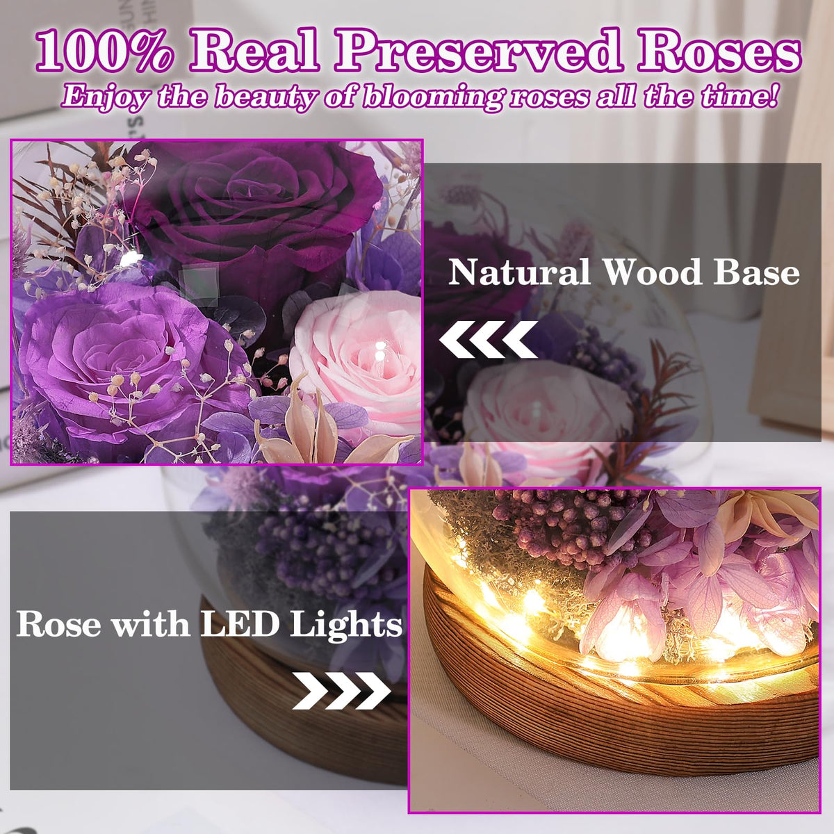 FIACO preserved rose with wooden base adds warm rustic charm.