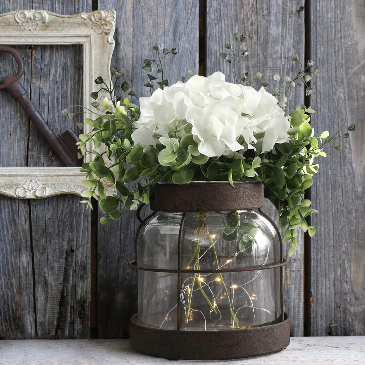 FIAHOSEY hydrangea bouquet and greenery highlight rustic farmhouse charm