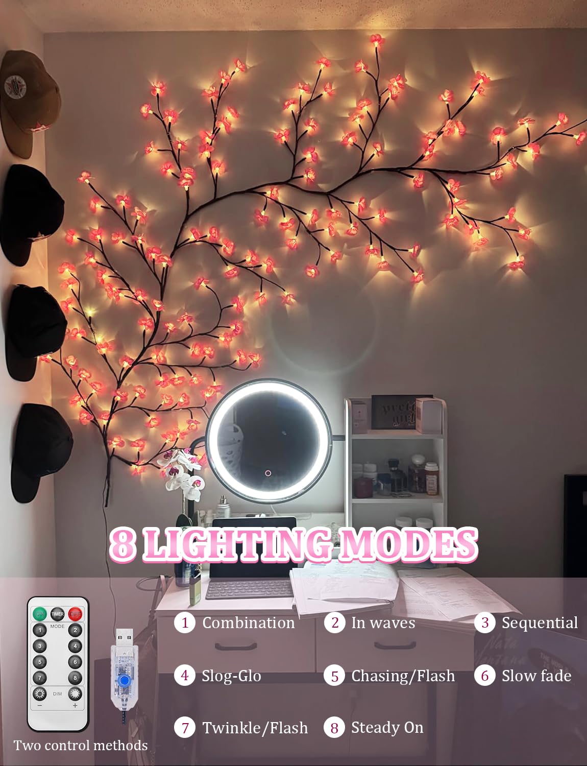 FIALAME cherry blossom lights with 8 modes for versatile bedroom lighting