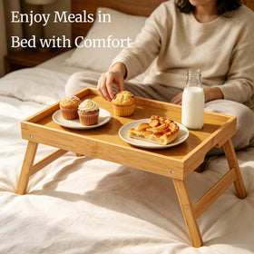 Fibogollo bamboo tray with guardrail prevents spills on any surface.