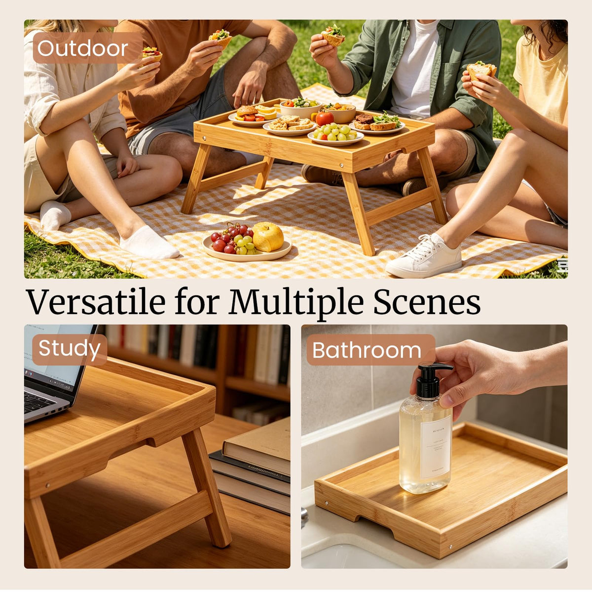 Fibogollo bamboo tray cleans easily with a damp cloth.