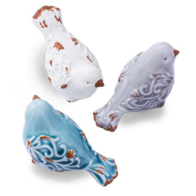 FICITI ceramic bird figurine set of 3, cream front view, mantel decor with glossy glaze.