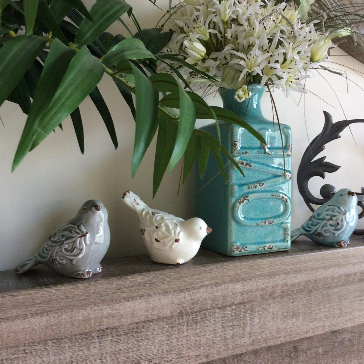FICITI bird figurine set of 3, distressed texture detail closeup favors artisanal charm.