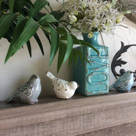 FICITI bird figurine set of 3, distressed texture detail closeup favors artisanal charm.