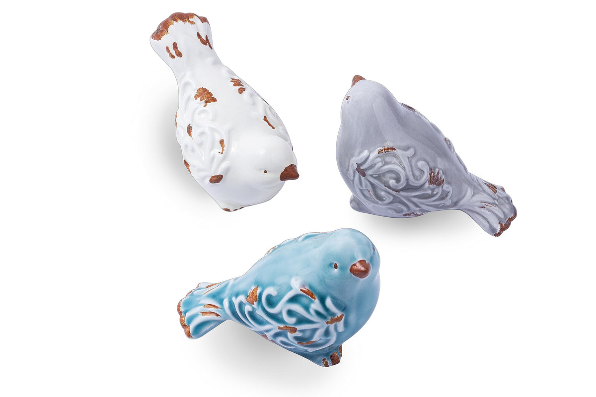 FICITI bird figurine set of 3, sage side view, shelf styling with distressed glaze.