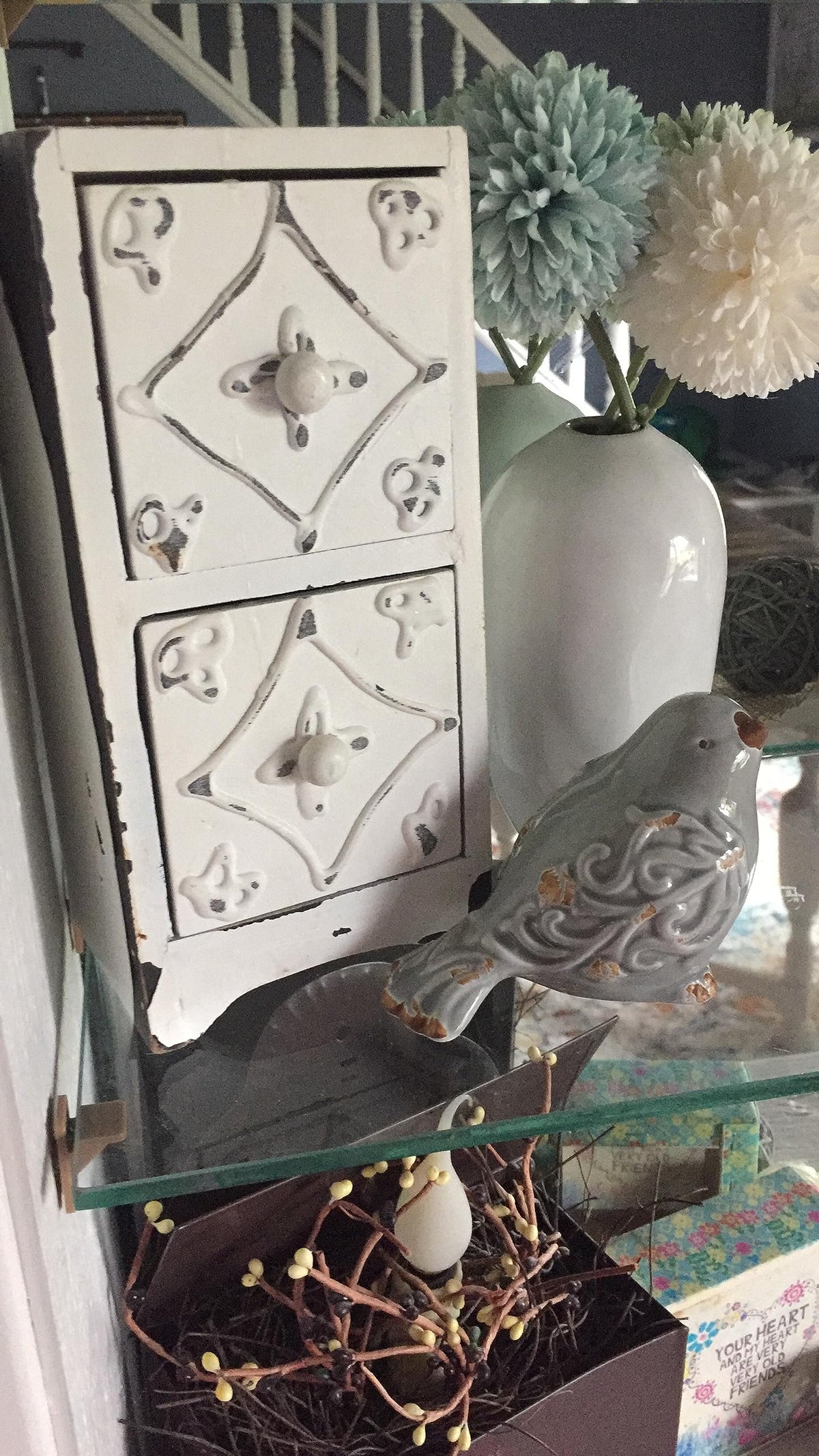 FICITI bird figurine set of 3, top view, ideal for layered shelves or centerpieces.