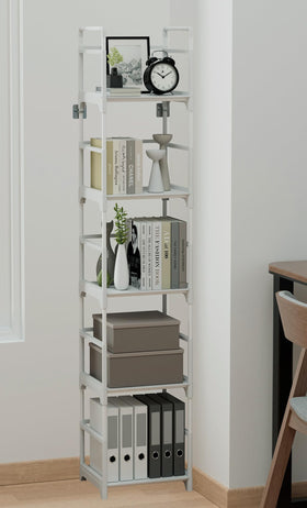 Close-up of the white bookshelf metal frame detail for stability