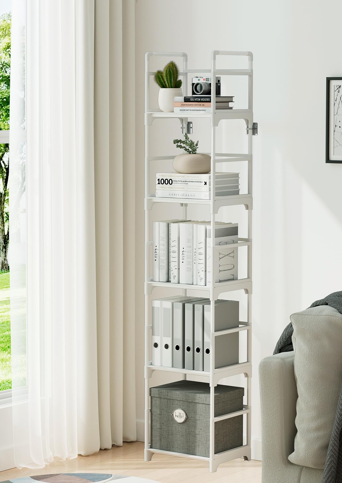 FIDUCIAL HOME bookshelf white side view showing slim profile for corners