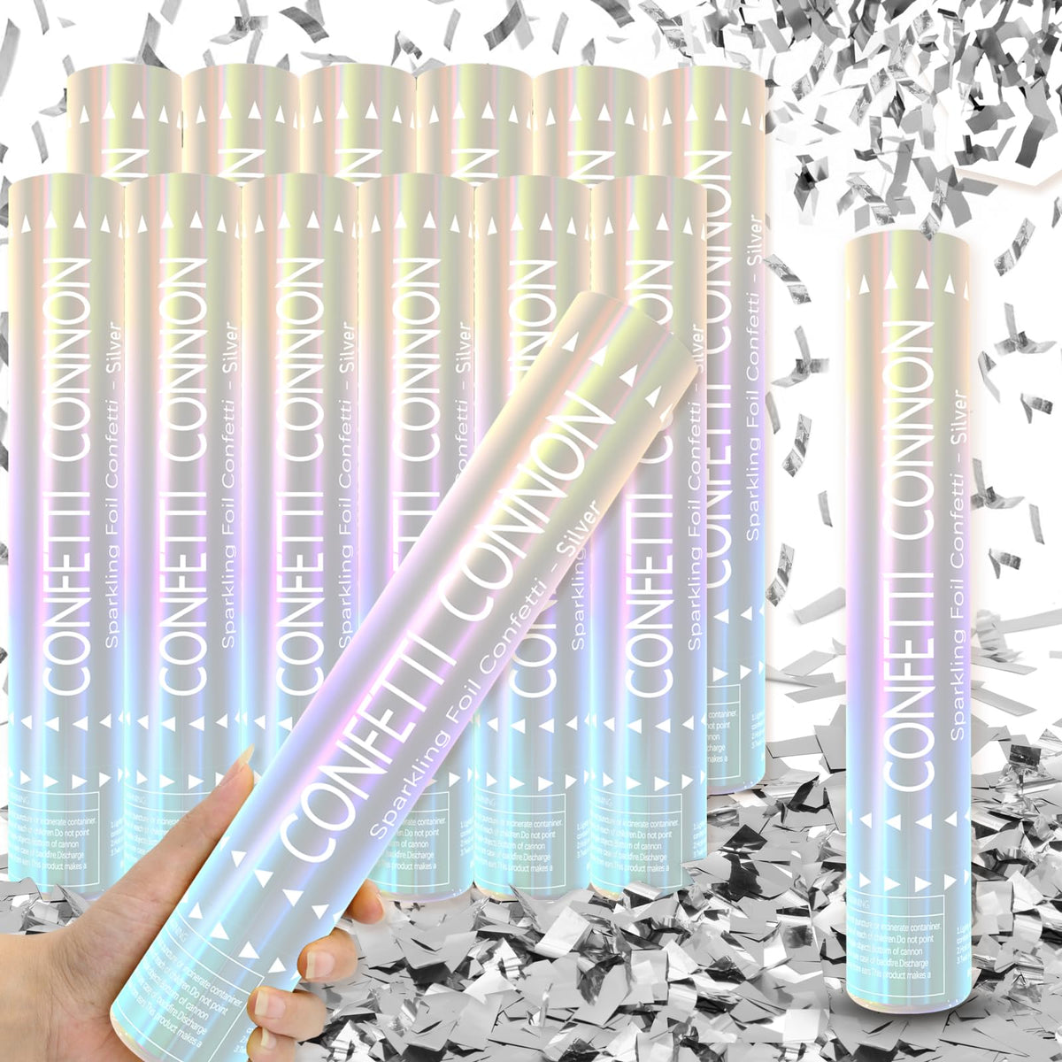 FIEKEICC 12-inch silver confetti cannon shoots dramatic sparkle for events.