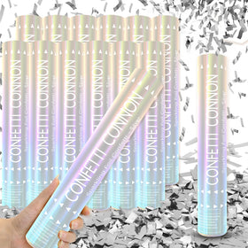 FIEKEICC 12-inch silver confetti cannon shoots dramatic sparkle for events.