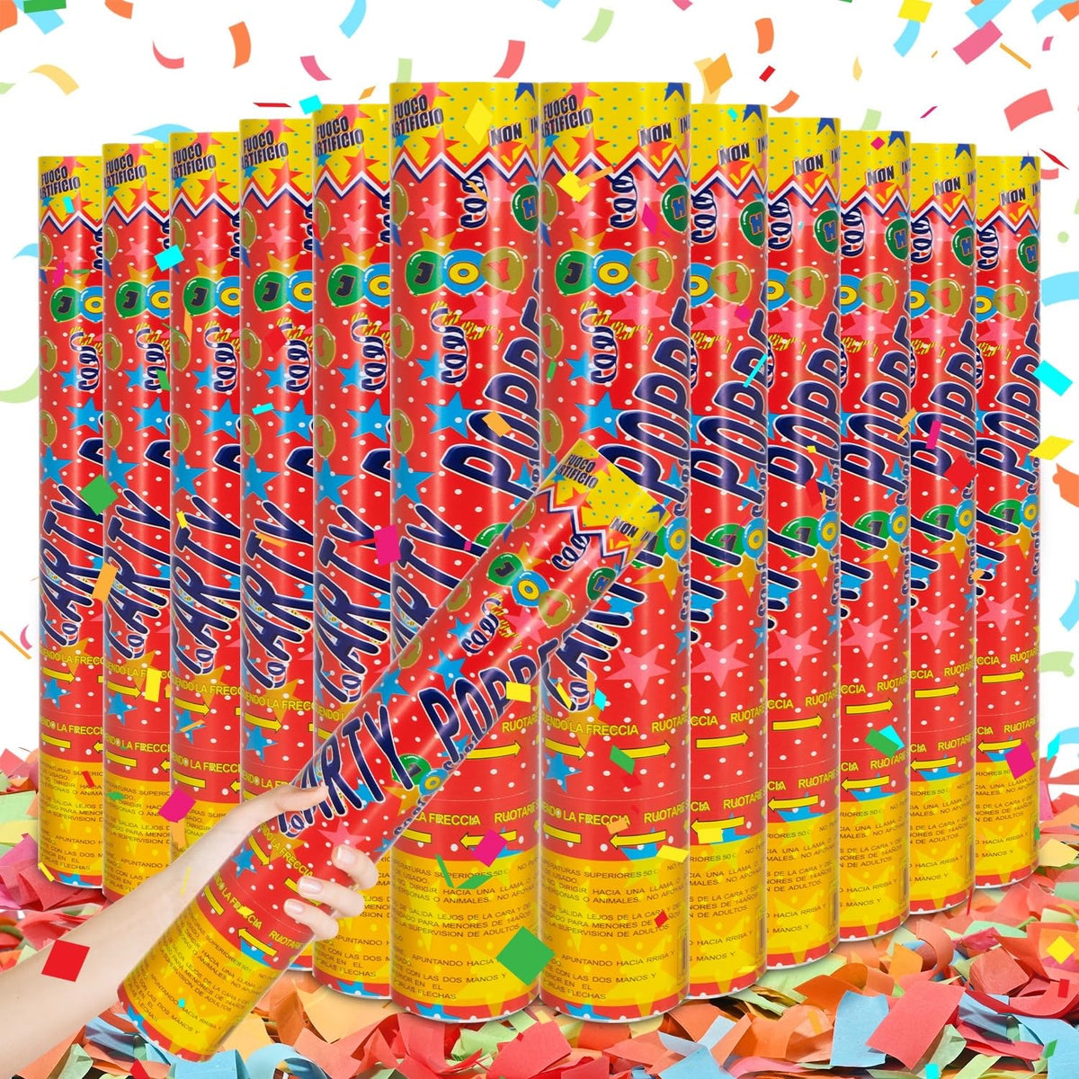 FIEKEICC 12Pack Confetti Cannon multicolor ready for vibrant outdoor celebrations to capture memories.