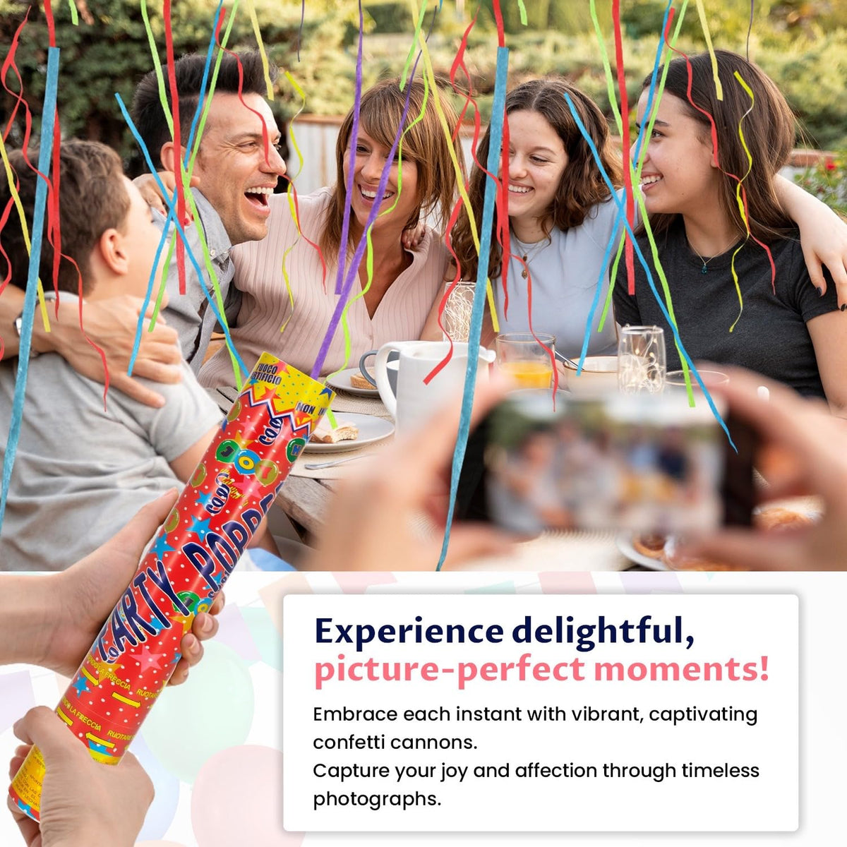 FIEKEICC confetti cannon creates dramatic sky streamers up to 20 feet high.
