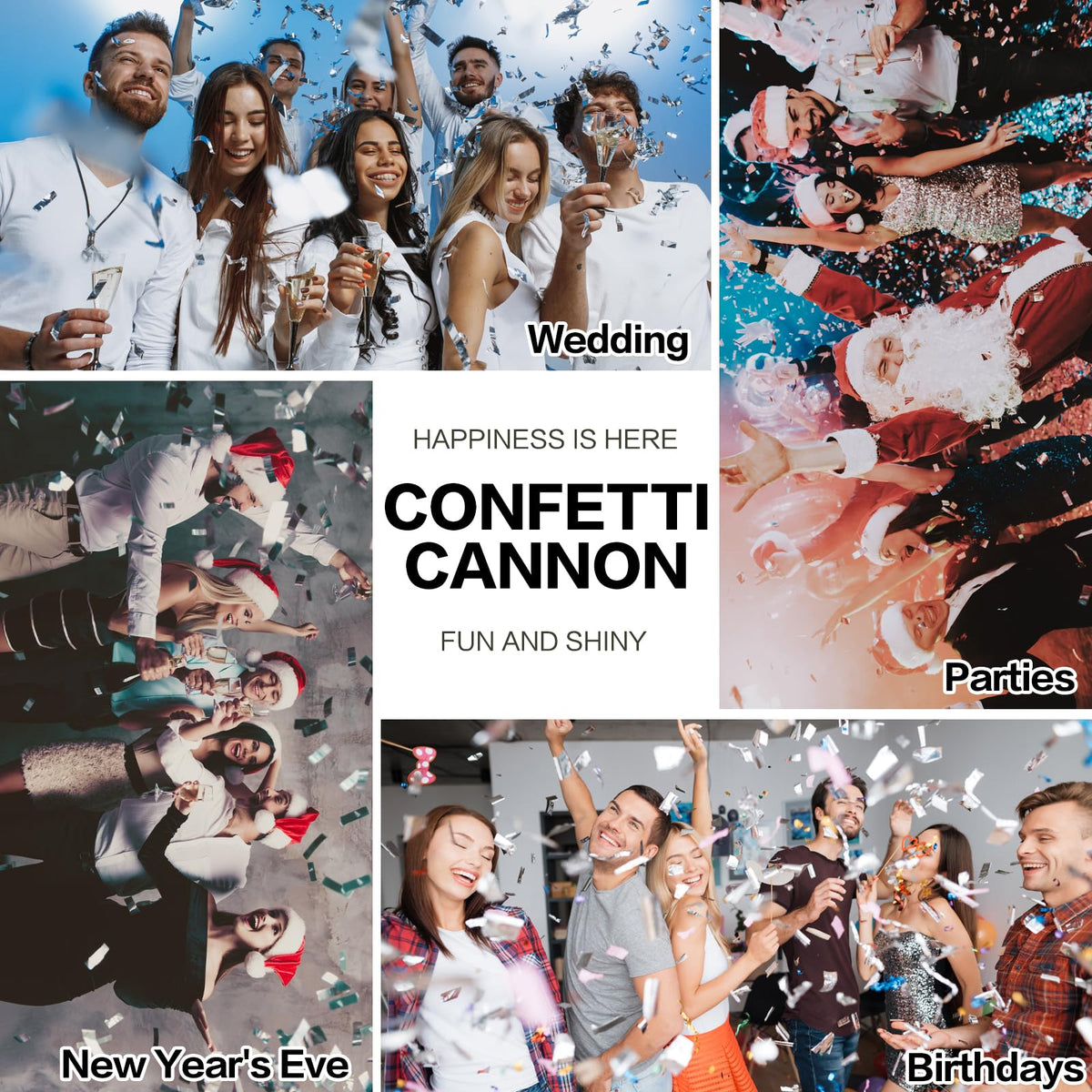 New Years Eve celebration with FIEKEICC confetti poppers delivering glamorous bursts.
