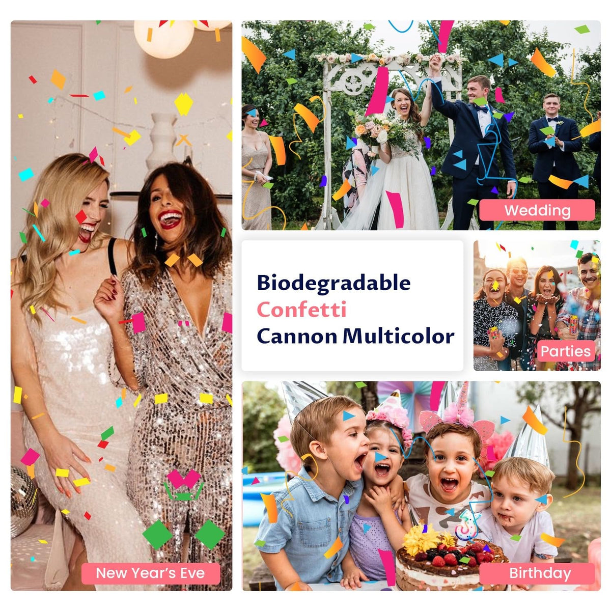 FIEKEICC wedding and graduation scenes with multicolor poppers create festive memories.