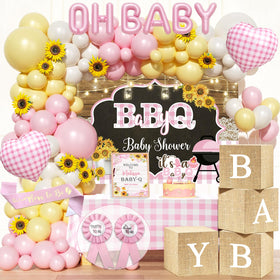 Fiesec Baby Q balloon garland arch kit creates a festive entrance.