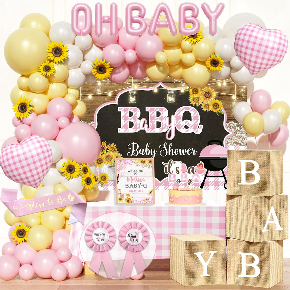 Fiesec Baby Q balloon garland arch kit creates a festive entrance.