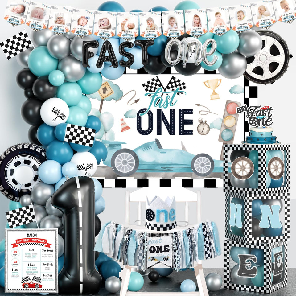 Fiesec Fast One blue car backdrop for first birthday photos and centerpiece.