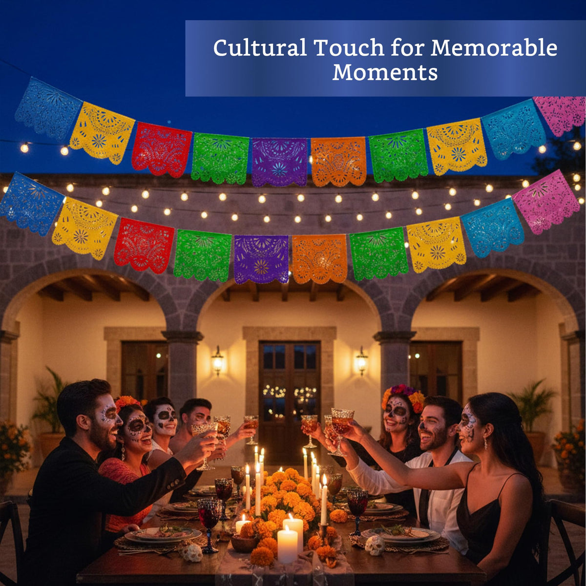 Fiesta Wraps birthday and wedding banner display offers reusable celebration decor.