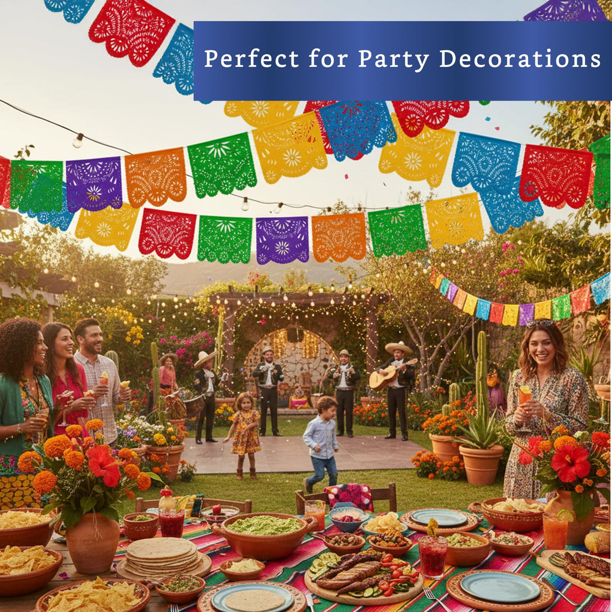 Fiesta Wraps outdoor banner display emphasizes colorful, wind-friendly fiesta decorations.