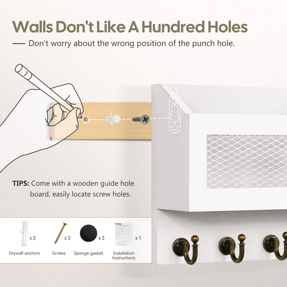 FifthQuarter B-White wall mount key holder showing sturdy hooks for secure storage.