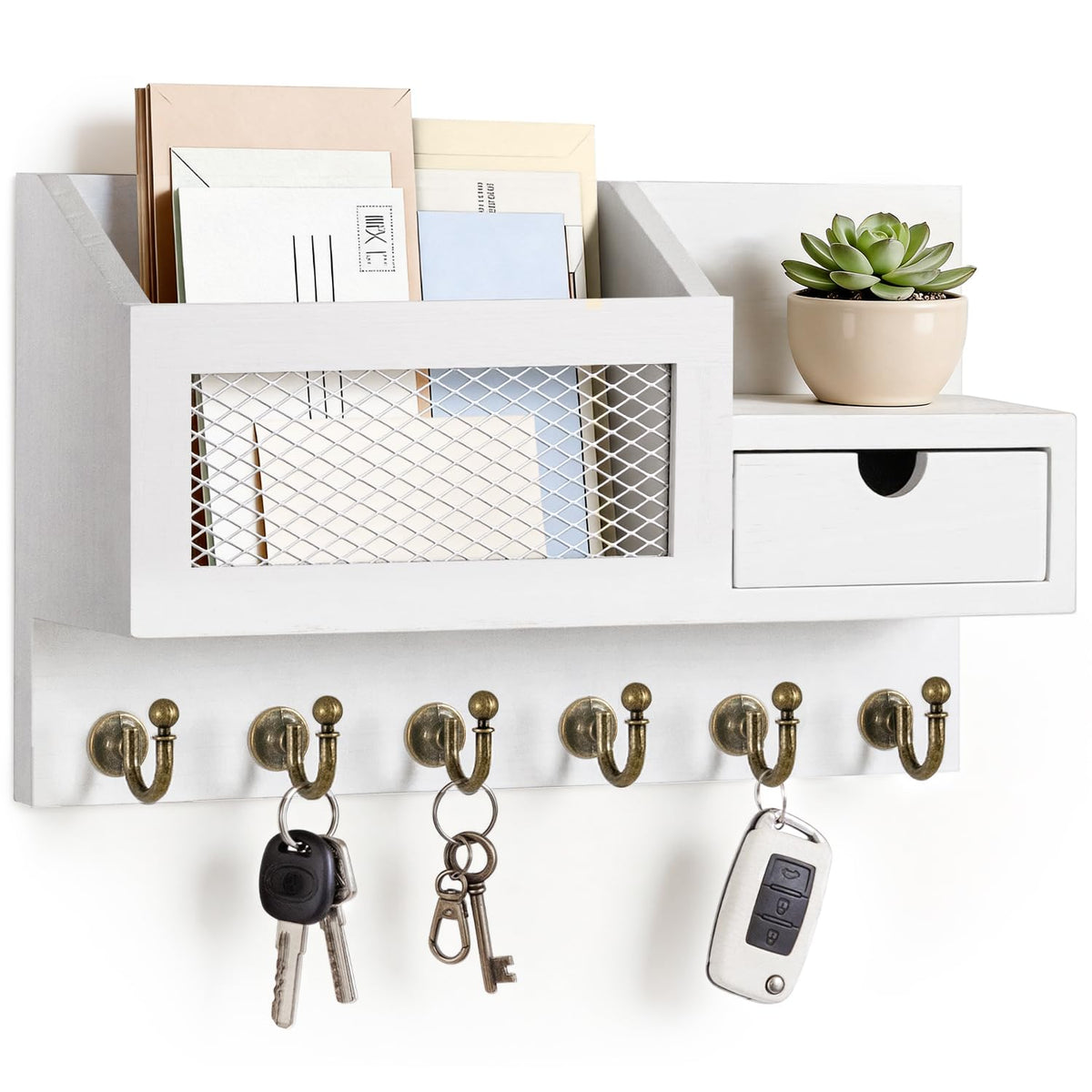 FifthQuarter key and mail holder wall with six hooks and a drawer for organized entryway storage.