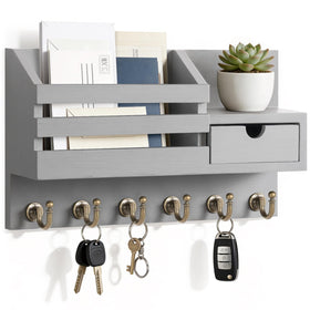 FifthQuarter wall key and mail holder with six hooks and a drawer keeps entryways organized.