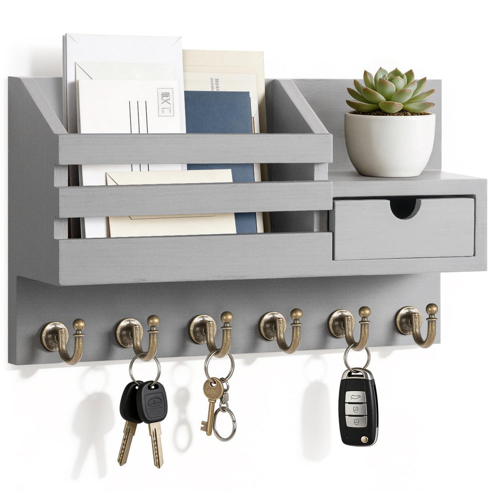 FifthQuarter wall key and mail holder with six hooks and a drawer keeps entryways organized.