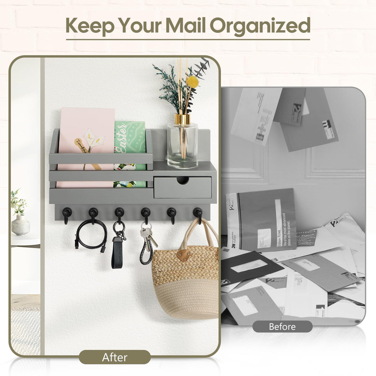 FifthQuarter key and mail holder shows six hooks for keys, glasses, and more.