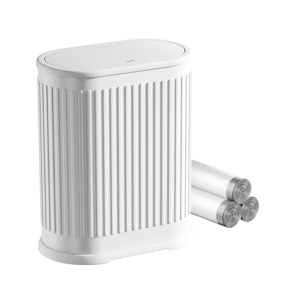 Figella small white bathroom trash can with press-top lid odor control in compact spaces.