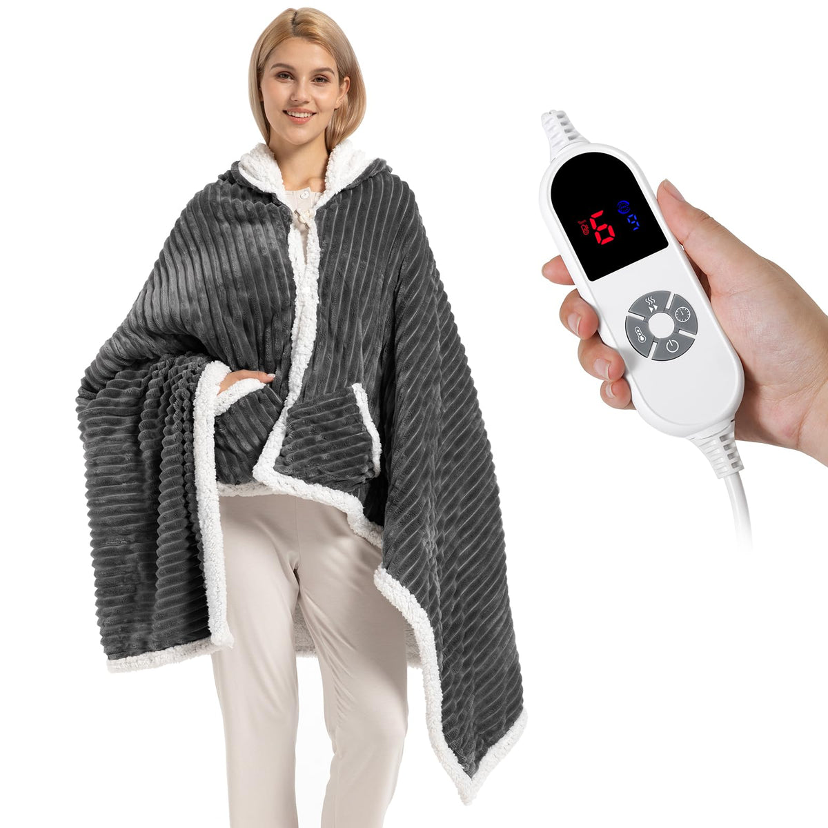 FIGERM heated throw front view shows plush flannel and sherpa warmth for cozy nights